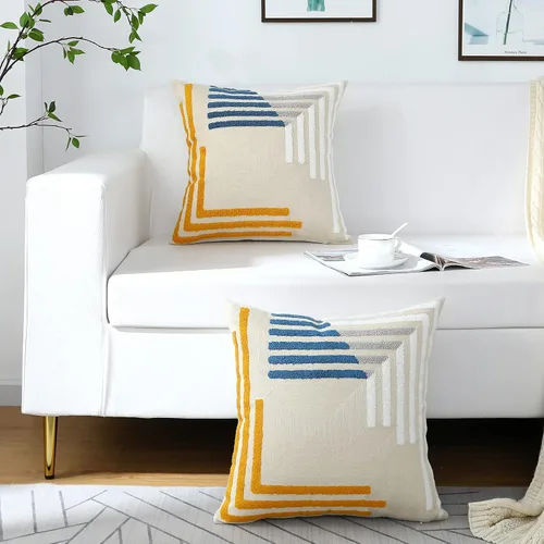 Vista 4 de Juego de 2 fundas de almohada modernas bordadas geométricas de 16 x 16 pulgadas, de algodón con textura copetuda, estilo bohemio, decorativas