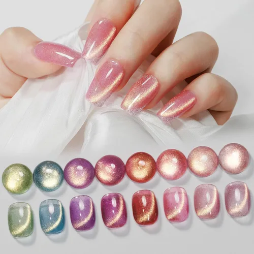 Vista 10 de MIZHSE Quick Dry Cat Eye Gel Nail Polish Set 4 Colors Long Lasting Silver Magnetic & Jelly Sheer Shades with Magnet Stick, High Shine Soak Off UV