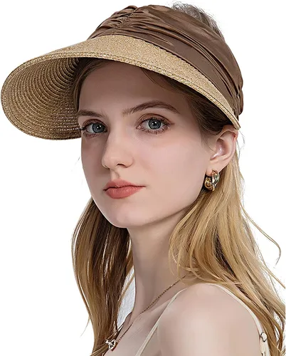 Vista 2 de Sombrero de visera para mujer, de ala ancha, con paja, enrollable, para cola de caballo, verano, playa, protección UV, UPF 50+, plegable, gorra