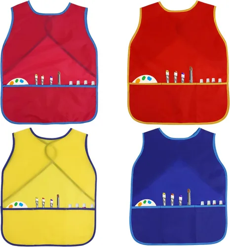 Vista 2 de 4 delantales de pintura para niños, delantales impermeables con 3 bolsillos, para niños de 3 a 8 años, 4 colores 4 colores (velcro)