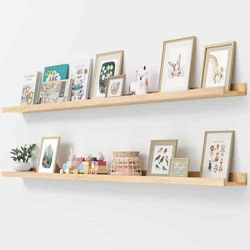 Vista 23 de FLYJOE Estante de repisa de fotos para pared, 24 pulgadas de madera de fresno maciza, estantes para libros de guardería, estantes flotantes