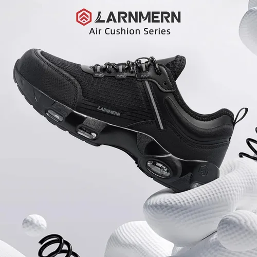 Vista 2 de LARNMERN Zapatos de punta de acero para hombre, con amortiguación de aire, antideslizantes, zapatos de trabajo de seguridad, cómodos, transpirables
