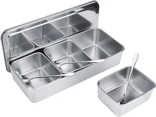 Vista 2 de Servidor de condimentos, tarro de condimentos de acero inoxidable de grado alimenticio de 21 onzas con cuchara y tapa, 3 compartimentos extraíbles