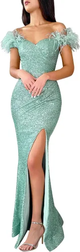 Vista 8 de Vestido de fiesta de lentejuelas de sirena con plumas y hombros descubiertos, vestidos de noche brillantes, vestidos de noche largos y formales