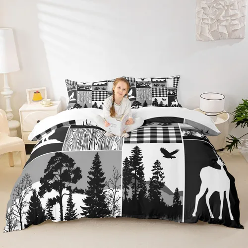 Vista 10 de Juego de funda de edredón para niños de ciervo, oso, lobo, tamaño individual, juego de ropa de cama de cabaña de aventura para niños, niñas