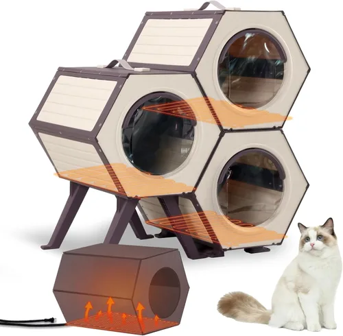 Vista 9 de GUTINNEEN Casa para gatos con calefacción expandible para múltiples gatos, aislada para invierno, cálido refugio para gatos con calentador ajustable