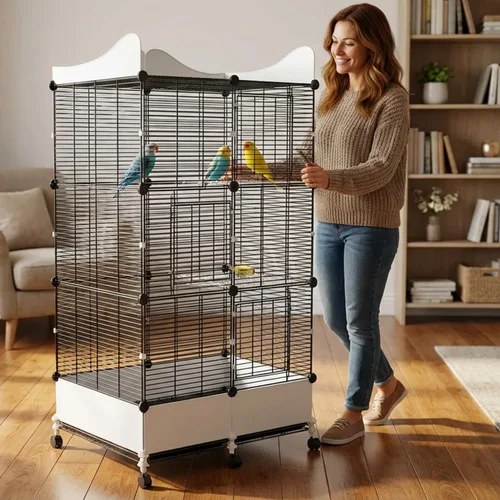 Vista 7 de Jaula cifrada para pájaros grandes de 57 pulgadas, espacio de almacenamiento superior, protector de salpicaduras inferior con suministros esenciales