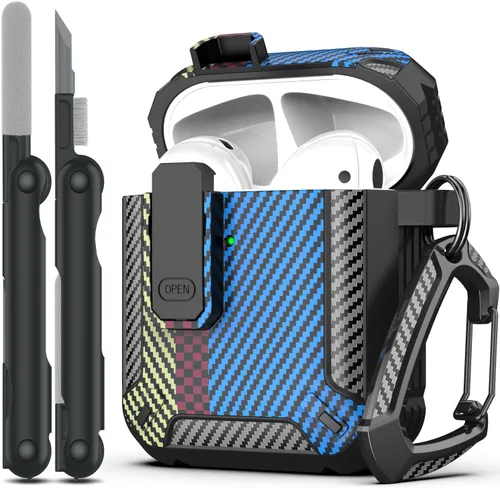 Vista 12 de RFUNGUANGO Funda para AirPod de 2ª generación con kit de limpieza, armadura protectora de carcasa dura militar con bloqueo para funda de carga