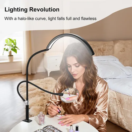 Vista 2 de Half Moon Desk Lash Light with 2X Magnifier, 2-in-1 Dual Arm Gooseneck Clamp Lamp for Eyelash Extension, Shadow-Free Esthetician Light, Adjustable