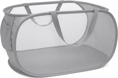 Vista 9 de Cesta de Ropa Emergente, Cestas Horizontales Plegables con Asas y Bolsillo Lateral, Malla Resistente Plegable para Cuarto de Lavado, Baño