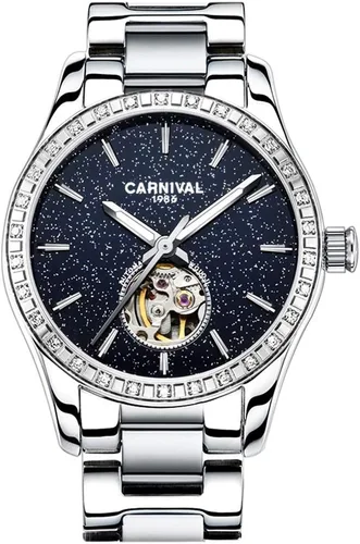 Vista 13 de Carnival Reloj de mujer con esqueleto mecánico automático, cristal de zafiro sintético, oro rosa, acero inoxidable, impermeable, color blanco