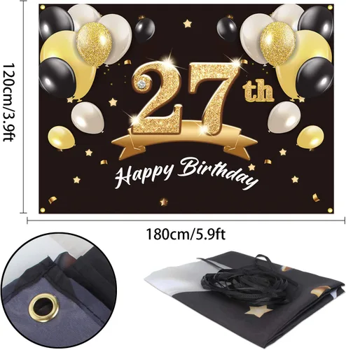 Vista 2 de Telón de fondo de pancarta de feliz cumpleaños 27 – Suministros de decoración de fiesta de cumpleaños 27 para hombres y él – Negro dorado 4 x 6 pies