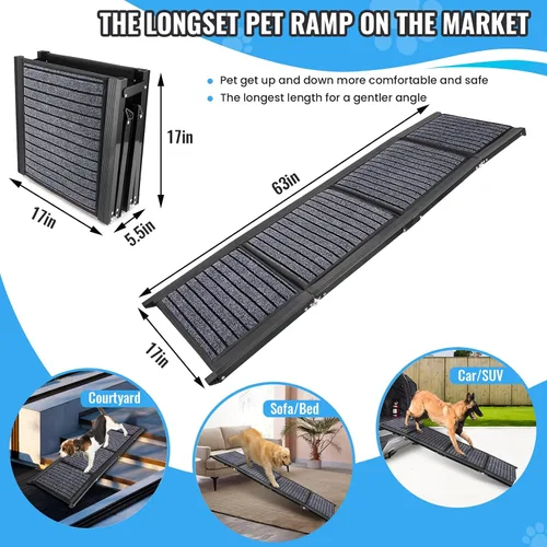 Vista 5 de Rampa plegable para perros para automóviles, rampa grande para perros de 63 x 17 pulgadas para SUV y camión, superficie antideslizante y mango