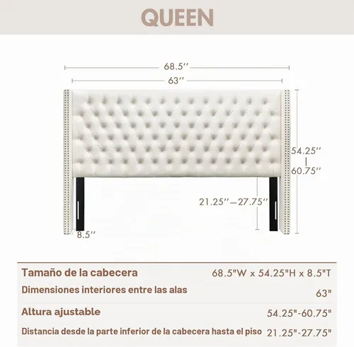 Vista 2 de Madison Park Cabecera tapizada Queen Wingback, con acolchado de esponja de alta densidad, cabecera de altura ajustable, fácil montaje, terciopelo