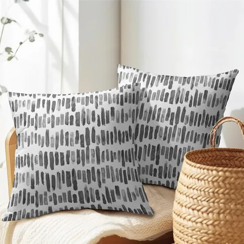 Vista 5 de Juego de 2 fundas de almohada de rayas negras para exteriores, 16 x 16 pulgadas, diseño geométrico de rayas abstractas, algodón y lino, cuadradas