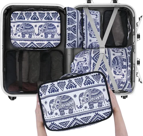 Vista 9 de Juego de 6 cubos de embalaje, bolsas organizadoras de maleta para artículos esenciales de viaje, tela duradera y cremalleras para vacaciones al aire