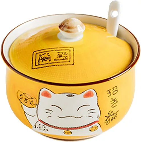 Vista 8 de Cerámica japonesa Maneki Neko Lucky Cat Azúcar Sal Pimienta Tarro de almacenamiento con tapa y cuchara