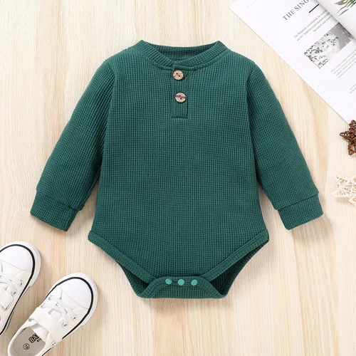 Vista 3 de Conjunto de mameluco de manga larga con botones para recién nacido, niño y niña, conjunto unisex de gofres, Verde oscuro