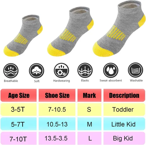Vista 2 de 12 pares de calcetines de algodón atléticos para niños, calcetines de algodón medio acolchados de corte bajo