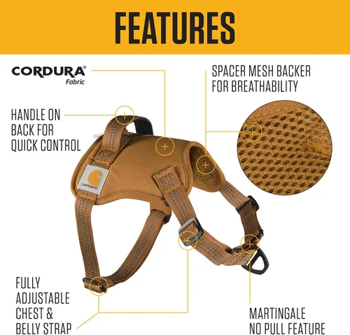 Vista 2 de Carhartt Arnés para Perro de Lona de Nylon Sin Tirones, Completamente Ajustable con Mango de Control Rápido y Detalles Reflectantes, Marrón