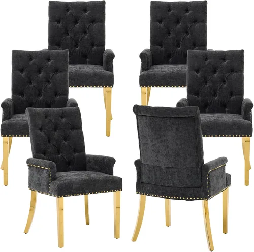 Vista 18 de Sillas de Comedor Tapizadas Acolchadas de Chenilla con Brazos y Ribete de Tachuelas – Marco y Patas de Madera Maciza, Estilo Granja Moderna