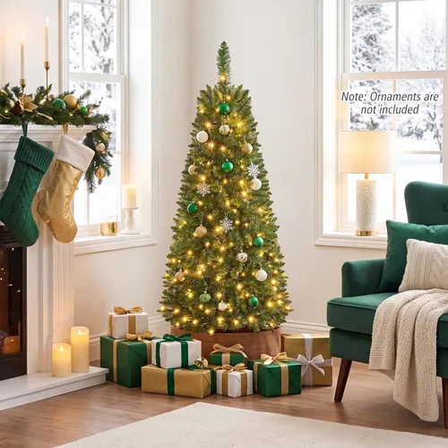 Vista 8 de Goplus Árbol de Navidad de Lápiz Preiluminado de 4.5 pies, Abeto con Bisagras de Alta Calidad, con Luces LED Blancas Cálidas y Soporte de Metal Verde