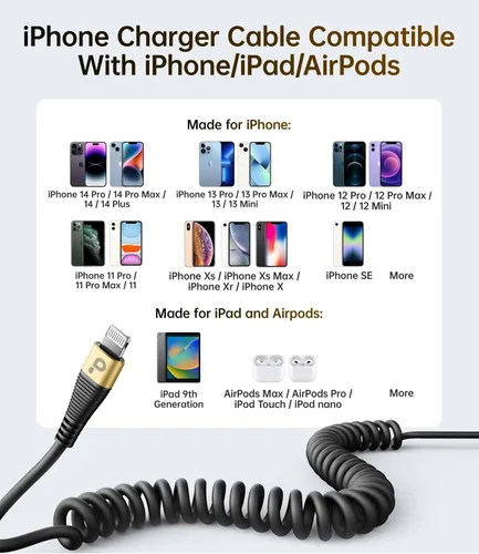 Vista 5 de Cable corto de carga para iPhone para automóvil, paquete de 2 cables Lightning enrollados de 3 pies [certificado MFi de Apple], cable de carga