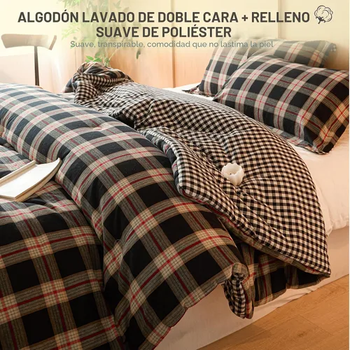Vista 2 de Juego de edredón 100% algodón tamaño matrimonial, diseño reversible teñido de hilos a cuadros, suave algodón lavado en ambos lados, ropa de cama