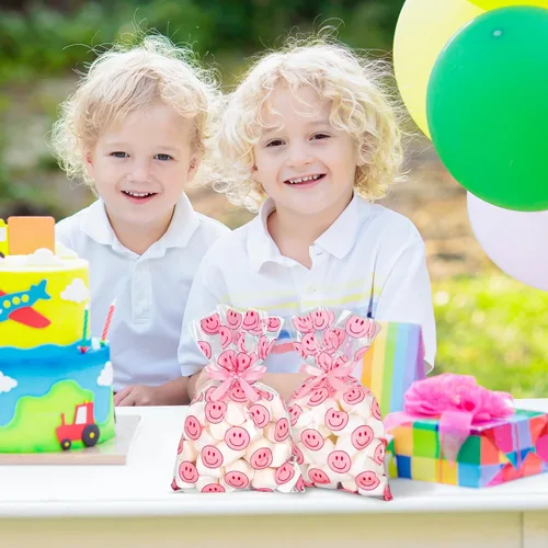 Vista 7 de Whaline 100 bolsas de celofán con patrón de sonrisa rosa con cintas, bolsas de golosinas para celofán con sonrisas, bolsas de golosinas