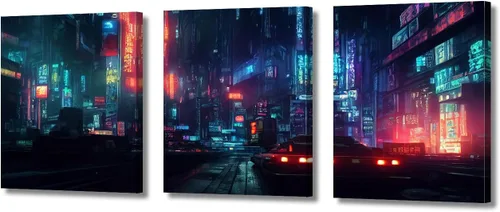 Vista 80 de Cuadros de 3 paneles de Cyberpunk City - Arte de pared de vallas publicitarias de edificios modernos en la capital con obras de arte modernas