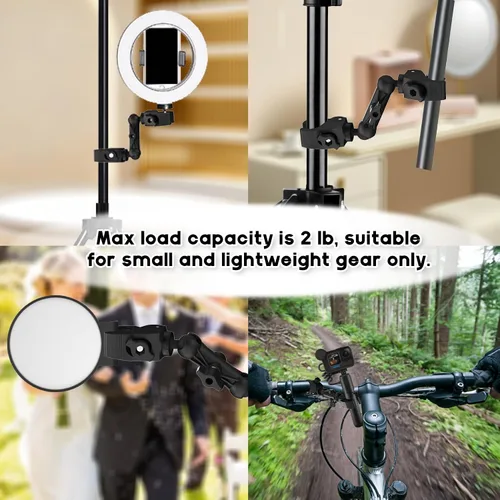 Vista 5 de Soporte de doble abrazadera con brazo mágico de 360°, abrazadera de paraguas a prueba de óxido para silla, cochecito, silla de ruedas, soporte