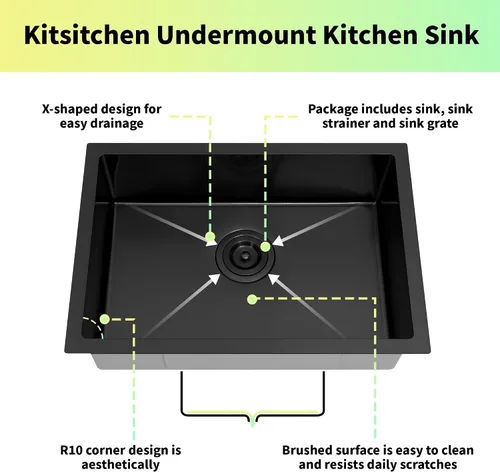 Vista 4 de Kitsitchen SUS304 - Fregadero de cocina negro para autocaravana, fregadero de cocina de acero inoxidable para montaje inferior, 23 x 16 x 7