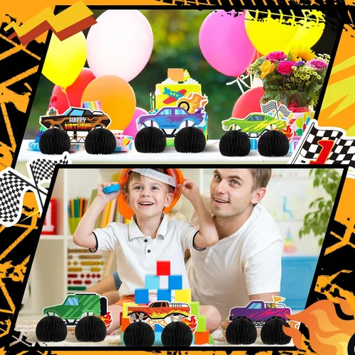 Vista 6 de 9 piezas de decoración de fiesta de cumpleaños de camión monstruo, adornos de auto de panal de abeja, ruedas 3D Blaze de doble cara, centro de mesa