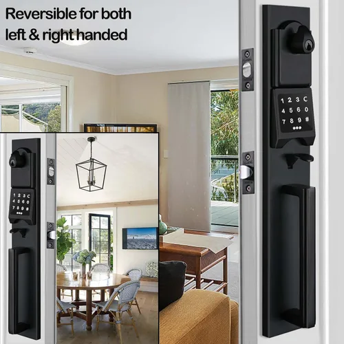 Vista 2 de NEWBANG Manija inteligente electrónica negra mate zurda con bloqueo de teclado para puerta frontal doble (llaves reservadas), MDHST2016DB-E-SET-LH