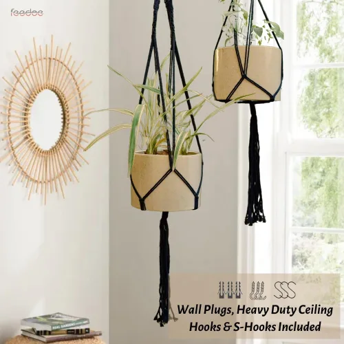 Vista 7 de Feedee Ganchos de macramé para plantas, paquete de 6, color negro, interior/exterior, algodón
