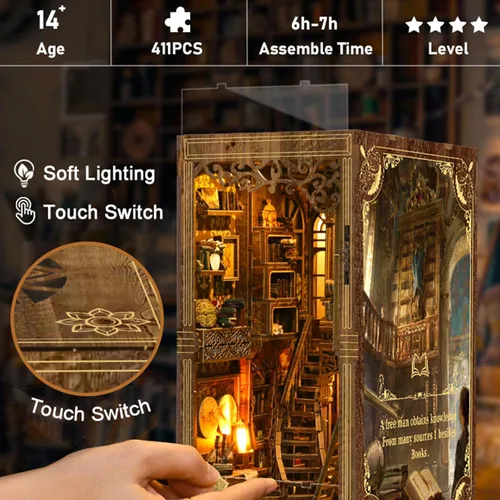 Vista 4 de ISSEVE Kit de Rincón de Libros, Rompecabezas de Madera 3D DIY Casa de Muñecas Booknook para Adultos, Kit de Casa en Miniatura Diminuta Decoración