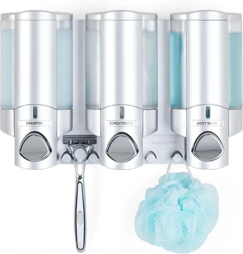Vista 9 de Better Living Products 76245-1 AVIVA - Dispensador de dos cámaras, cromado 2 cámaras, ganchos integrados, instalación de pared plana, sin taladro