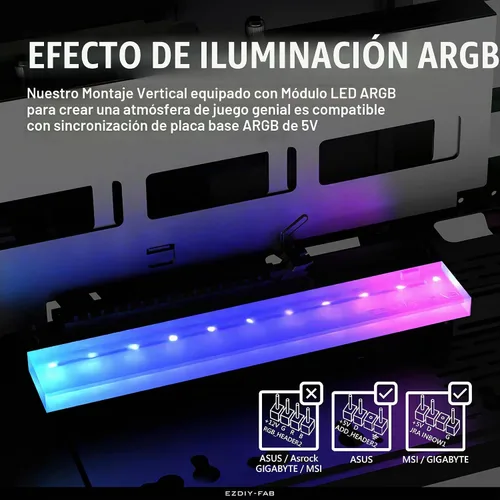 Vista 2 de EZDIY-FAB Soporte de montaje vertical PCIe 4.0 GPU Soporte de tarjeta gráfica con módulo LED ARGB de 5 V y 3 pines, kit de soporte para tarjeta