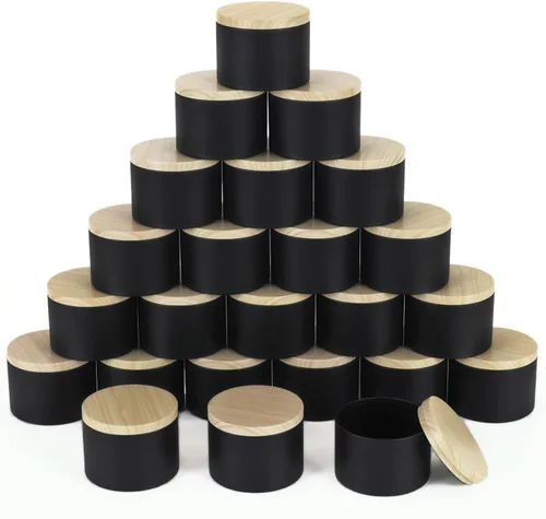 Vista 9 de SONVIIBOX 24 latas de velas de 4 onzas, latas negras con tapas de metal de grano de madera, tarros de velas para hacer velas a granel, tarros
