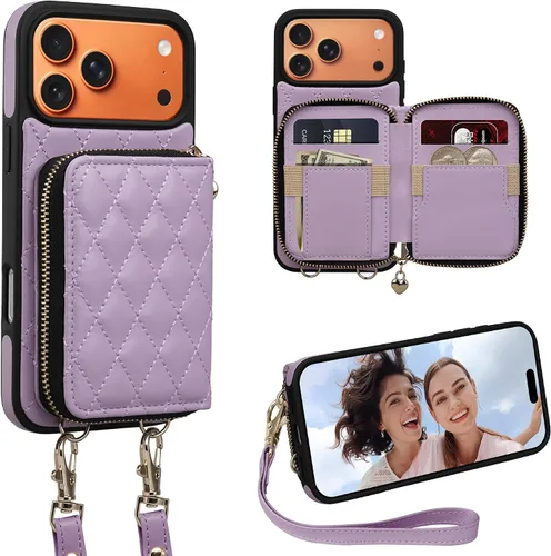Vista 19 de Funda para iPhone 12 Pro/iPhone 12 de 6.1 pulgadas, cartera cruzada con cremallera para mujer, tarjetero con bloqueo RFID, funda de cuero con Negro