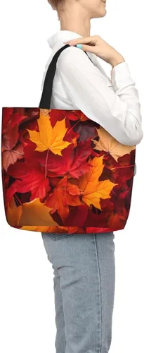 Vista 5 de Bolsa de mano de girasoles negros para mujer, bolsas reutilizables para compras de comestibles con cremallera, bolsa de hombro casual Hojas de otoño