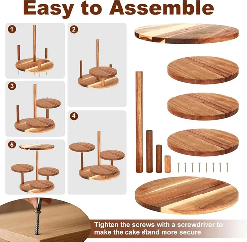 Vista 2 de Hushee Juego de 4 soportes redondos de madera para cupcakes con bandejas para servir, bandeja de madera de 4 niveles para pasteles con 1 plato