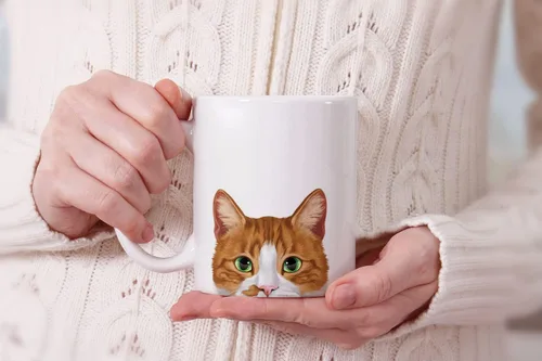 Vista 7 de MUGBREW Taza de té de cerámica bicolor blanco y naranja con gato atigrado Gatito, 11 oz