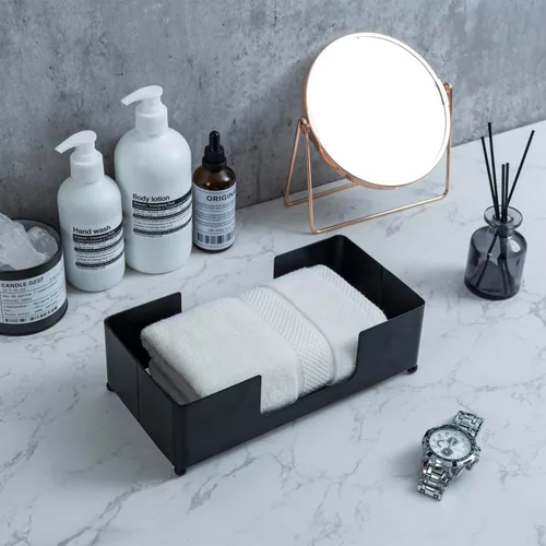 Vista 3 de MyGift Soporte moderno para toallas de papel plegadas de metal negro mate para baño comercial y de invitados, encimera de fregadero o mesa