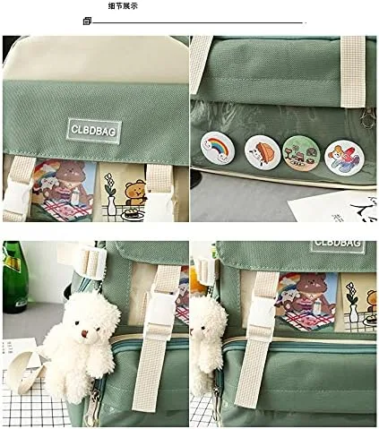 Vista 4 de Linda mochila kawaii, 4 piezas, mochila de lona, regalo con colgante de oso, bolsa de lápiz, bolsa de hombro, bolsa de almuerzo para niñas y niños