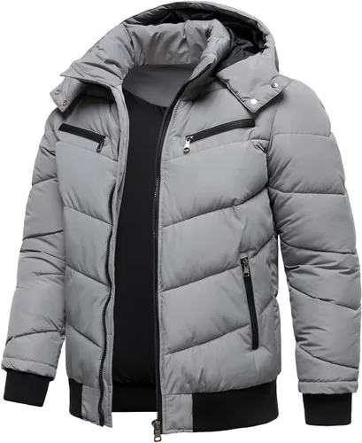 Vista 3 de HOOD CREW Abrigos de invierno para hombre, parka acolchada y a prueba de viento, chaquetas de plumón cálidas con capucha extraíble Gris