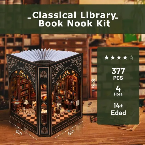 Vista 4 de Kit de rincón de libros: rompecabezas de madera 3D con luces LED interactivas, decoración en miniatura para adultos y adolescentes, encantador