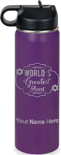 Vista 60 de LaserGram Botella de agua con tapa abatible de doble pared de 12 onzas con pajilla, la tía más grande del mundo, grabado personalizado incluido Negro