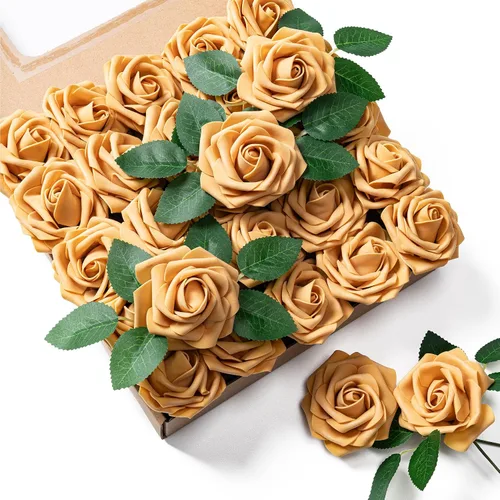 Vista 13 de Aegero Flores artificiales, 25 rosas falsas de espuma con tallos para ramos de boda, centros de mesa de despedida de soltera, arreglos, mesas