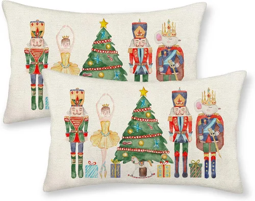 Vista 12 de Juego de 2 fundas de almohada de Navidad de 16 x 16 pulgadas, bonitas fundas de almohada bohemias de lino para decoración de invierno
